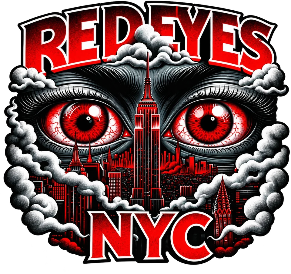 Red Eyes NYC logo: two bloodshot red eyes over the Empire State Building and the city, wrapped in smoke
