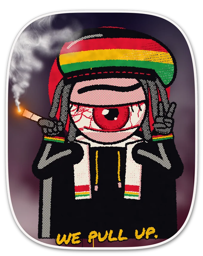 Red Eyes NYC sticker: a bloodshot eyeball in a rasta tam and hoodie, "we pull up"